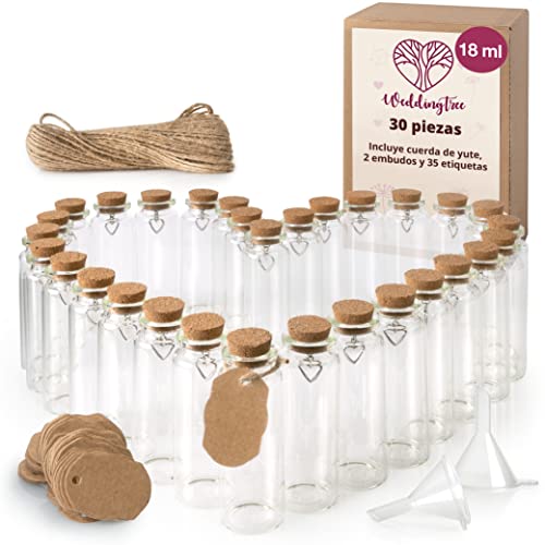 WeddingTree 30 x 18ml Botella de Vidrio Mini - Set de Mini Botellas de Cristal con Corcho y Llavero de Corazón - para Invitados Bodas, Decoración, Frasco para Especia