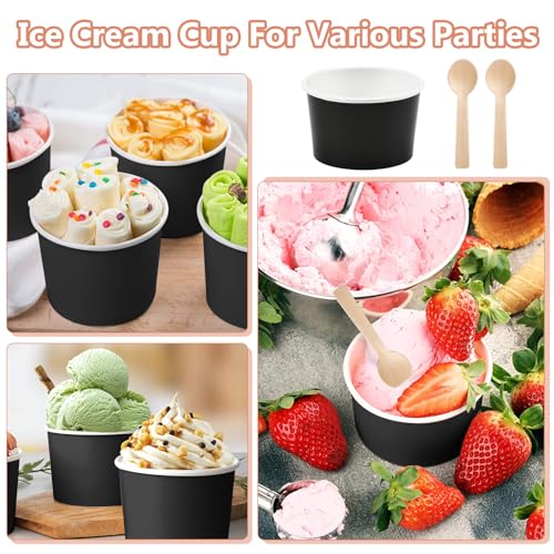 REFORUNG Eisbecher aus Pappe 50 Stück Umweltfreundliche Universal Karton Einwegschalen 240ml Einweg-Kuchenbecher Papier Eisbecher Becher mit 50 Holzlöffel für Eisbecher Gefrorenen Joghurt, Schwarz – Bild 7