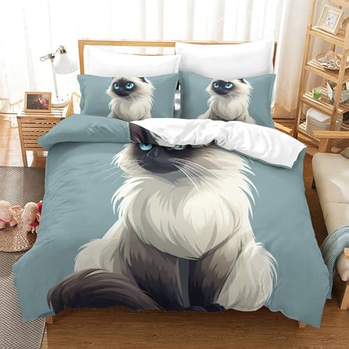 Housse de couette chat 3D 260x220cm en microfibre avec deux taies d'oreiller