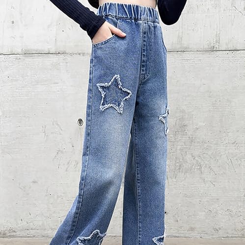 Girls Straight Star Applique Jeans Baggy Elastic Waist Wide Leg Jeans Vintage Y2K Streetwear Aesthetic Teen Clothes3