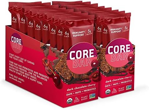 CORE Organic Refrigerated Plant-Based Protein Bars – Low Sugar, High Fiber Bars with Probiotics – Pack of 16, Dark Chocolate Cherry