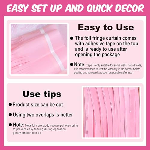 Image of 3 Pack Macaron Pink Foil Fringe Curtains Backdrop, 3.28 x 9.8 Ft Metallic Streamers Tinsel Curtains Background for Photo Booth, Birthday, Halloween, Christmas, New Year Party Decorations