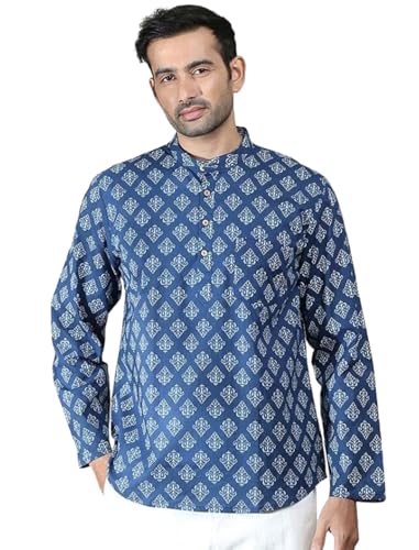 Image of DEELMO Men's Cotton Blend Printed Long Sleeve Short Kurta | Stylish Casual & Ethnic Wear | Comfortable Mandarin Collar Kurta for Daily, Festive & Party Outfits