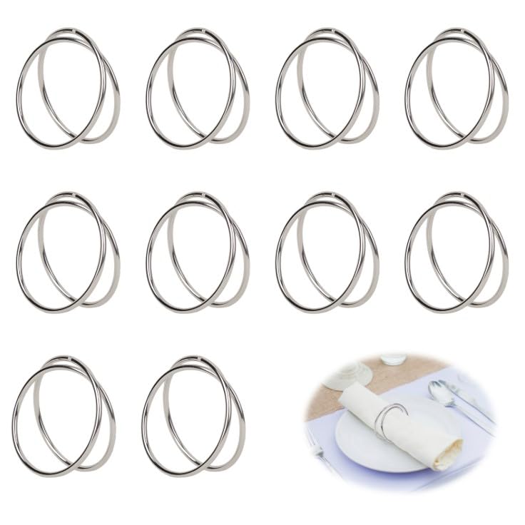 10 Stück Serviettenringe Silber Set, Moderne Doppelring Metall Serviettenhalter für Stoffservietten, Elegante Tischdeko für Hochzeit, Weihnachten, Ramadan & Party, Festliche Servietten Ringe Deko
