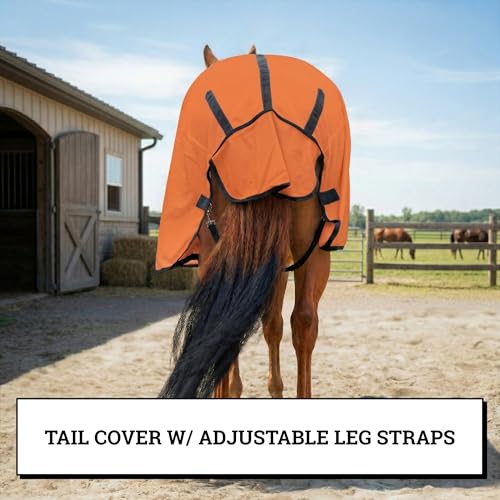 Image of Horse Fly Sheet with Attached Neck Cover & Tail Flap | UV Protection Mesh Horse Blanket, Full Body Bug & Sun Shield, Buckles, Belly Wrap & Gussets for Spring Summer Riding Rug (Orange, 76 inch)