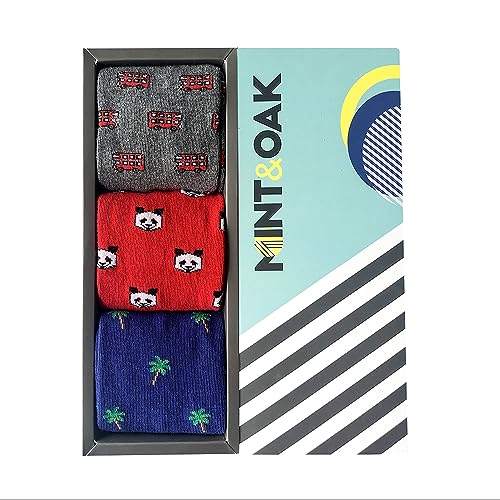 Image of Mint & Oak Printed Crew Socks For Men, Soft Cotton Calf Length Socks, Colorful Sock Gift For Men, Anti-Microbial & Odour Free, Funky Socks - Gift Box of 3