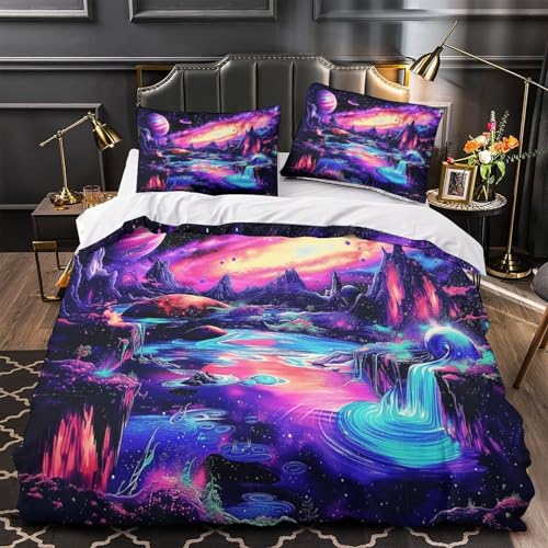 Housse de couette paysage spatial néon 3D 140x200cm lit garçon - 2