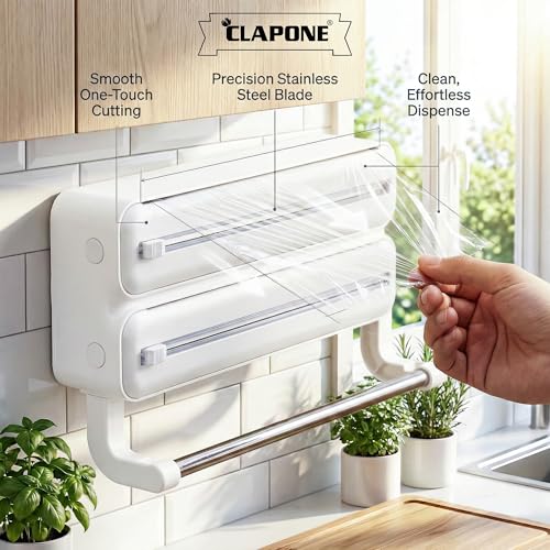 Image of CLAPONE Wrap Organizer with Cutter Plastic Wrap Dispenser 3 in 1 Compatible with Cling Film Paper Towel Holder /Tin Foil and Roti Paper Cutter /Aluminum Foil /Butter /Roti Wrap /Food Roll-White