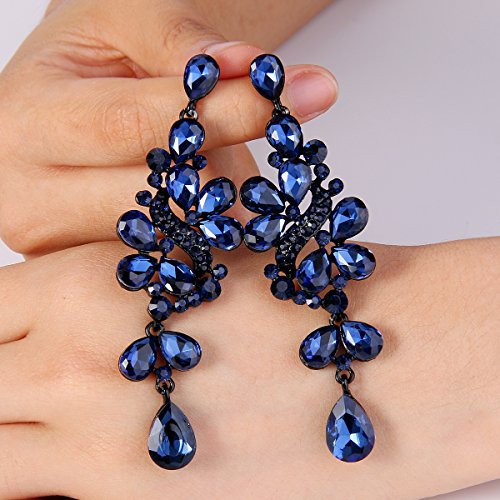 BriLove Wedding Bridal Dangle Earrings for Women Victorian Style Crystal Cluster Teardrop Leaves Earring Navy Blue Sapphire Color Black-Silver-Tone by BriLove - Used condition - Image 5