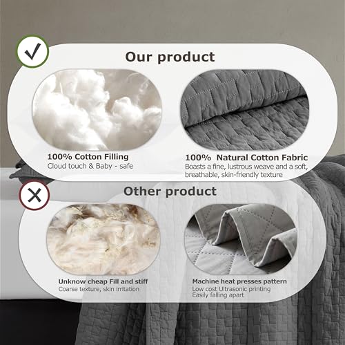 Image of palassio Dark Grey 100% Cotton Quilt King Size Bedding Sets with 2 Pillow Shams, Textured Lightweight Soft Bedspread Shabby Chic Coverlet, Quilted Comforter Bed Cover for All Season, 3 Pieces