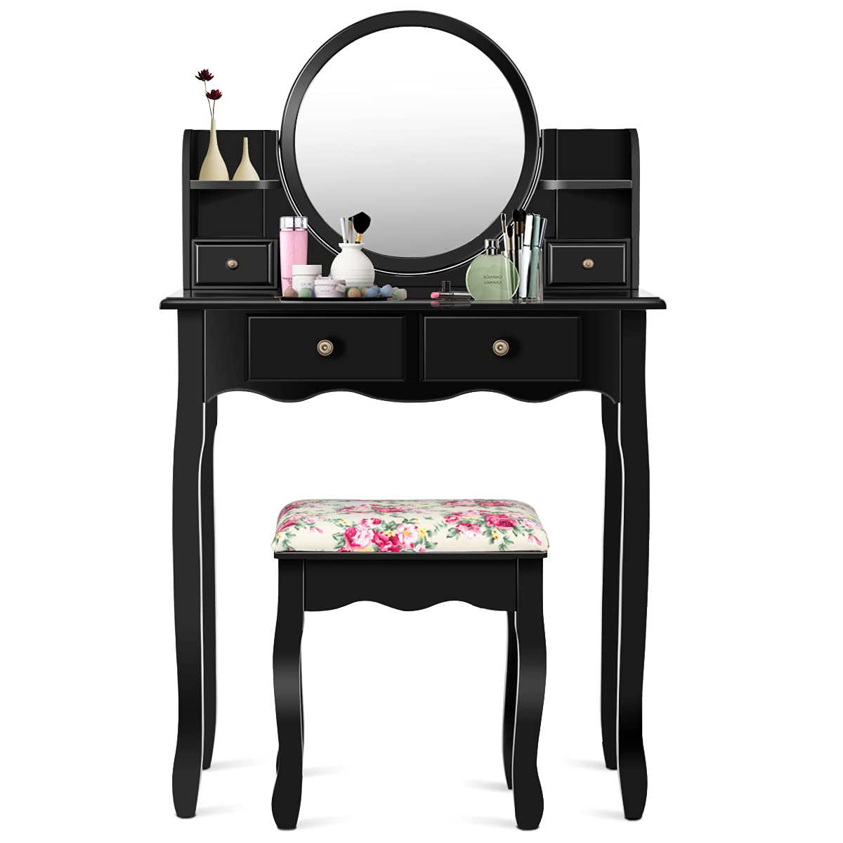 DORTALA Vanity Table Set with Round Mirror, Makeup Desk with Cushioned Stool, 4 Drawers & 2 Shelves, Makeup Organizer, Vintage Dressing Table for Bedroom, Best Gift for Women and Girls, Black