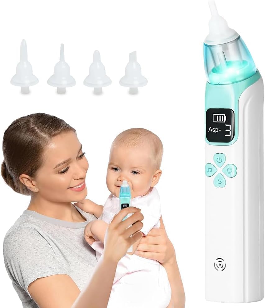 SGZIOO Elektrische neuszuiger voor baby's, met 3 zuigsterktes, 4 siliconen punten, muziek, licht, neusaspirator voor pasgeborenen, peuters, zuigelingen, groen