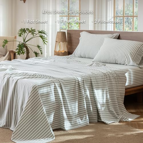 Image of MooMee Striped Sheet Set 100% Washed Cotton Linen Like King | Relaxed Linen-like Texture. Soft, Breathable & Lightweight Comfort. 15-19 inch Extra Deep Pocket with All-around Elastic