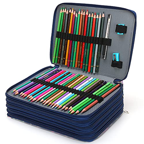 Image of Vomgomfom 252 Slots Pencil Case 5-Layer PU Leather, Handle, Blue Rose