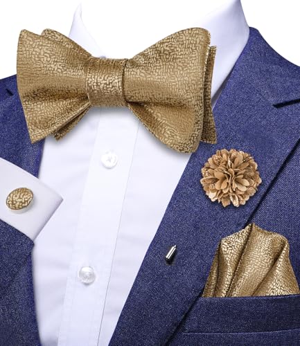 Image of Dubulle Self Tie Bow Ties and Lapel Pin for Men Paisley Solid Mens Bowtie and Handkerchief Cufflinks Set Wedding