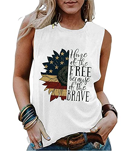 Sunflower American Flag Home of The Free Because of The Brave Tank Top Women 4th of July USA Patriotic Tee Shirt