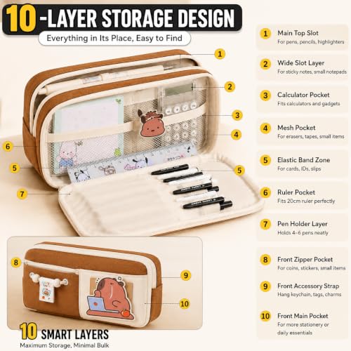 Image of FINEMOE Kawaii Pencil Pouch for Girls & Boys, Cute Brown School Pencil Case, 10 Layer Large Capacity Stationery Organizer with Zipper, Aesthetic Storage Bag for Kids, Return Gifts (Brown)