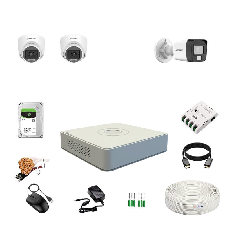 Image of HIKVISION 3K /5MP 4 Channel DVR, 3K (5MP) 2 Dome & 1 Bullet Cameras [Color Night Vision + Built-in Audio MIC + SMART Dual Light + Motion Detection] + 1 TB HDD + CLOCITE 4 CH SMPS + CCTV Cable + BNC /DC