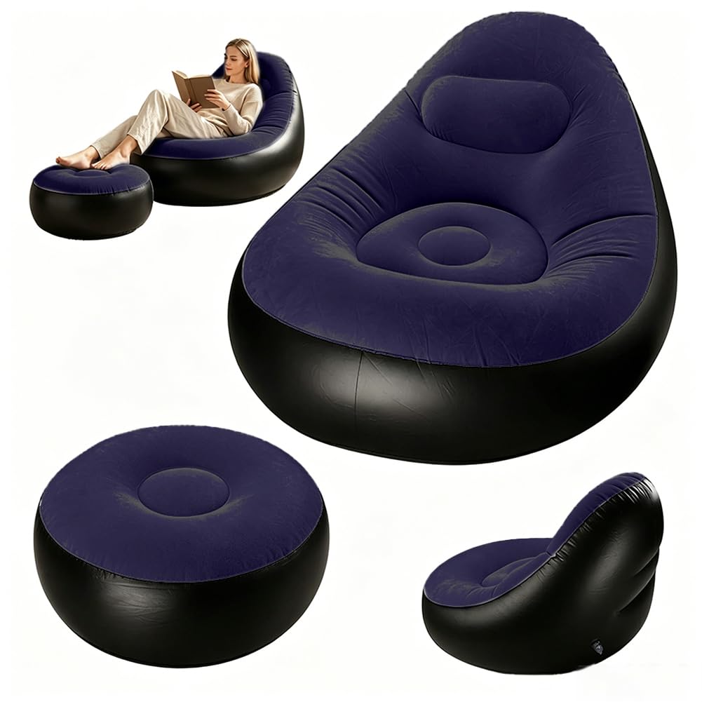 Divano gonfiabile con poggiapiedi, pouf gonfiabile, sedia gonfiabile, divano gonfiabile, poltrona gonfiabile per soggiorno, camera da letto, giardino (blu scuro)