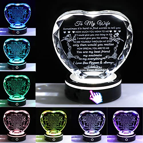 YWHL Gifts for Wife with Colorful LED Base Romantic Wedding Anniversary I Love You Gifts for Her Best Wife Birthday Gift Ideas to My Wife Crystal Keepsakes Presents from Husband