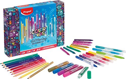 Maped - Kit de Coloriage Scintillant Color’Peps - 8 Feutres à paillettes + 10 Crayons de couleur + 8 craies + 5 tubes de gel à paillettes 984722 Multicolore