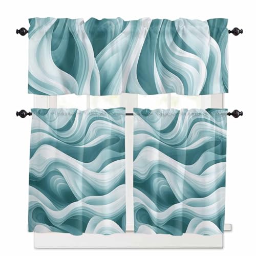 Geometric Stripes Kitchen Curtains 36 Inch Length, 3 Piece Rod Pocket Small Half Tiers and Valance Set, Ombre Teal White Sea Waves Small Large Window Treatment Decor for Bedroom/Bathroom Sink