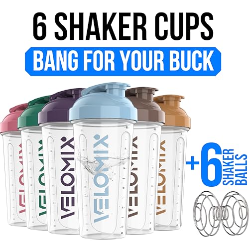 Image of VELOMIX 6 Pack 28 oz Protein Shaker Bottle for Mixes - 6 Wire Whisk Balls | Leak Proof Cups for Supplements | BPA-Free Gym & Fitness (Muted Clarity)