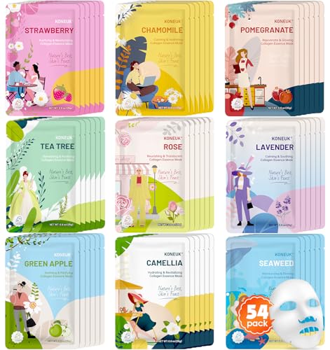 54 Pack Bulk Sheet Face Masks Skincare, Hydrating and Moisturizing Face Mask for All Skin Types, Collagen Facial Masks for Skin Care, Christmas Gifts, Stocking Stuffers for Women (9 Types x 6 Pcs)