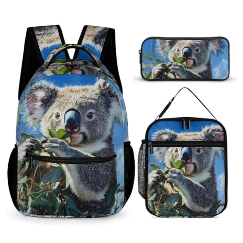 Cute Koala 3 PCS Backpack Set Casual Daypack with Insulated Lunch Bag & Pencil Case
