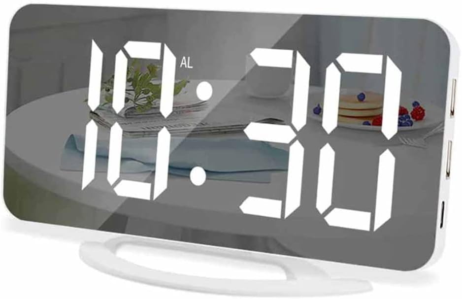 Digital Alarm Clock Mirrored LED Display Moderm Clock with 2 USB Charging Ports, Auto Adjust Brightness- Easy Snooze Function-Modern Desk Clocks for Bedrooms Living Room Office - White