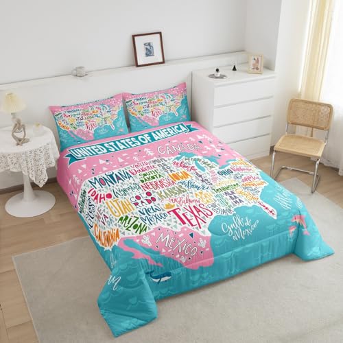 Image of Feelyou Blue Pink USA Map Bedding Set Queen, Geography Comforter Set for Kids Boys Girls Teens Educational Map Comforter Learning Educational Duvet Set 3Pcs