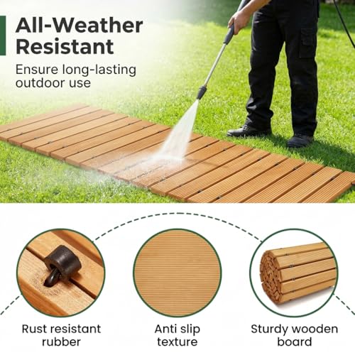 Image of ORTIZA 4FT Wooden Garden Pathway Walkway, Outdoor Roll Out Decorative Walkway, Weather-Resistant Non-Slip Patio Path, Portable Pavers Boardwalk for Backyard, Lawn, Beach, Garden Party - Orange