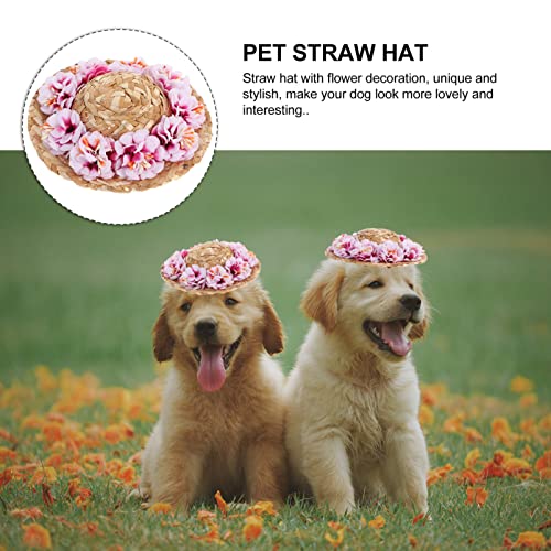 Popetpop Pet Flower Straw Hat Dog Spring Summer Sunhat Cute Woven Straw Hat Costume Accessory Size S (Pink Flower) #TOP1