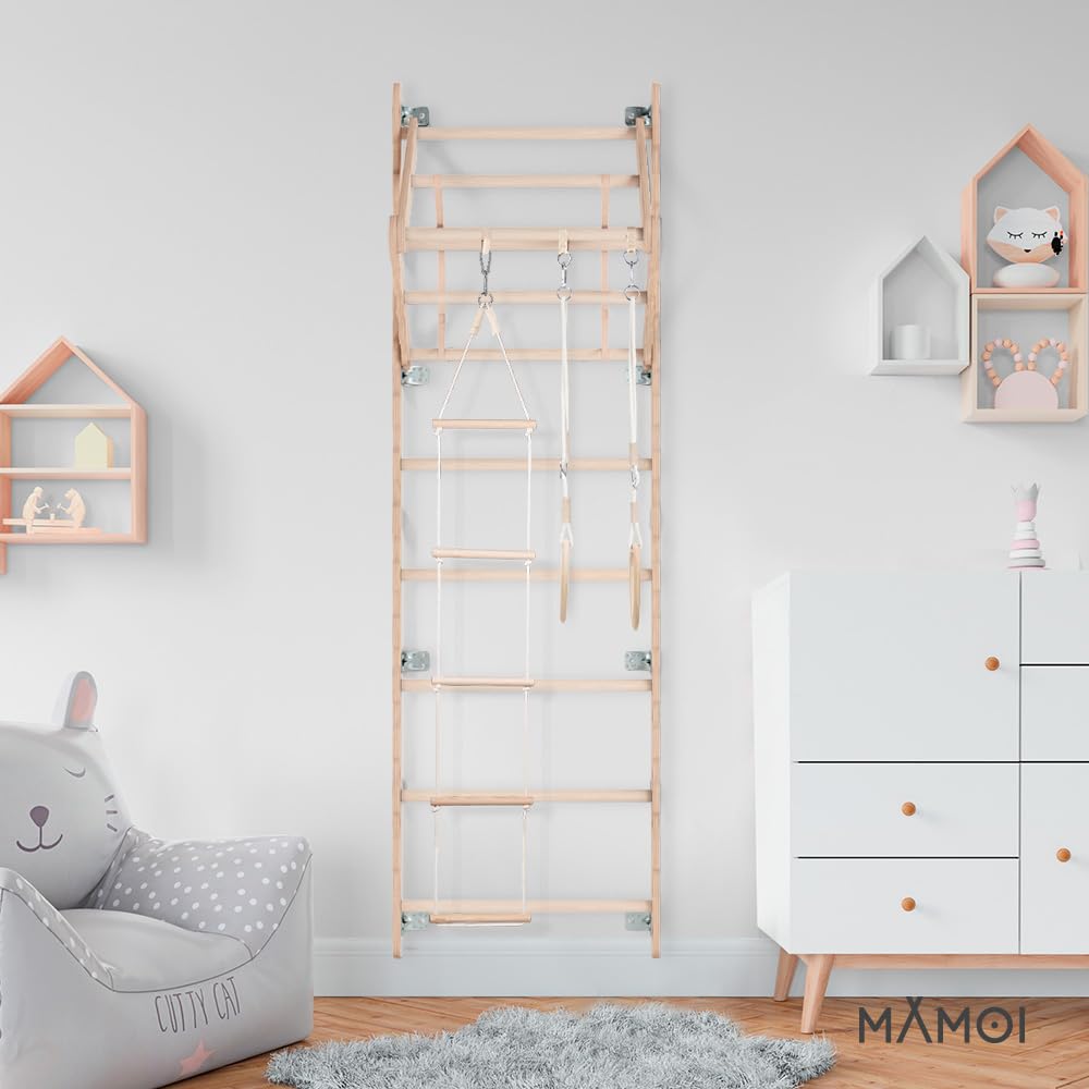 MAMOI® Spalliera da parete 210 cm per adulti, scala ginnica in legno con barra per trazioni, anelli e scala di corda, set di allenamento per casa e palestra
