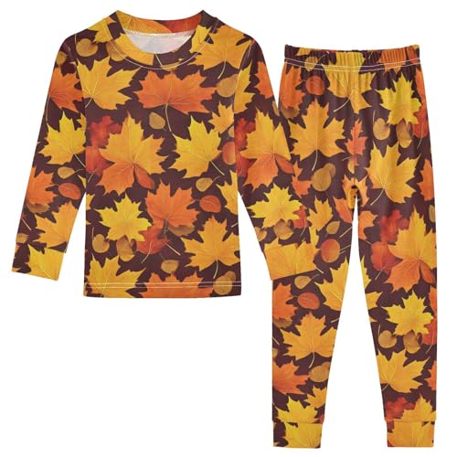 Pajama Sets Long Sleeve Autumn Leaves Pattern Print Soft Comfy Sleepwear 2 Piece PJS 3-8T