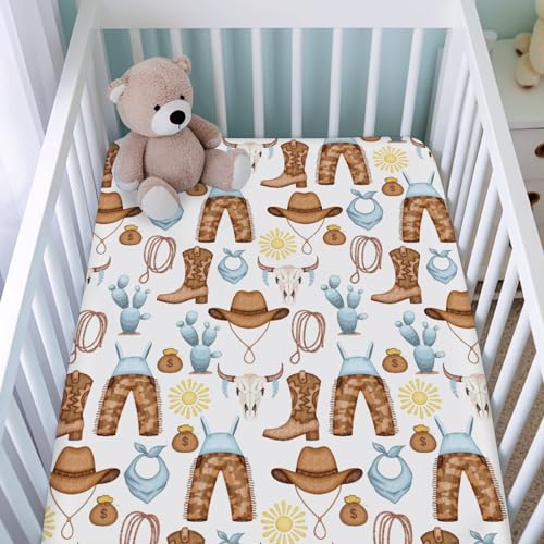 Image of Blue Western Cowgirl Cowboy Fitted Baby Crib Sheet for Boy Girl 52 inchx28 inch Desert Cowboy Hat Boot Sun Cactus Soft Breathable Baby Crib Mattress Bed Sheet Fits Standard Crib and Toddler Mattress