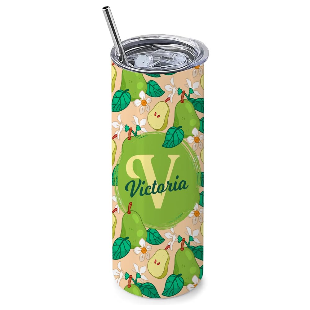 Personalised Fruits Patterns Theme, Initial with Name, Alphabet Tumbler, 20 OZ Stainless Steel Skinny Tumbler, Double Walled Vacuum Insulated with Closed Lid and Metal Straw. (Pear)