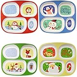 4E's Novelty Christmas Dinnerware Divided Plates For Kids (Set of 4) Melamine Plastic BPA Free Sectional Holiday Dinner Plates, Christmas Dishes for Toddlers