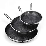 Ammeloo Hybrid Tri-Ply Stainless Steel Frying Pan Set, 8'/9.5'/11' Cooking Pans, Non Stick Frying Pans and Skillets, Chef Pan, Non Toxic, Dishwasher Safe, Induction Compatible, Black Interior