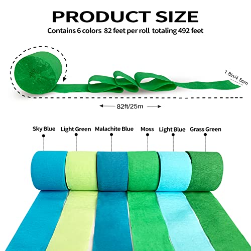 Crepe Paper Streamers 6 Rolls 492Ft,Pack Of Party Streamer(25M/82Ft),Width1.8 Inches, Three Degree Green And Three Degree Blue，For Party Supplies And Decorations, And Wedding #TOP1