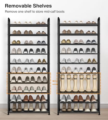 STO STO 10-Tier Shoe Rack with Sturdy Mesh Shelves, Tall Metal Shoe Organizer for Entryway, Closet, Garage, Front Door, Holds 30 Pairs, Free Standing Large Shoe Storage Shelf, Adjustable Feet, Black - Thumbnail 6