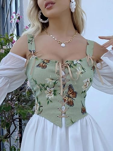 Image of CONCINEROS Women's Summer Vintage Floral Renaissance Corset Top for Women Y2k Tops Sleeveless Drawstring Crop Top