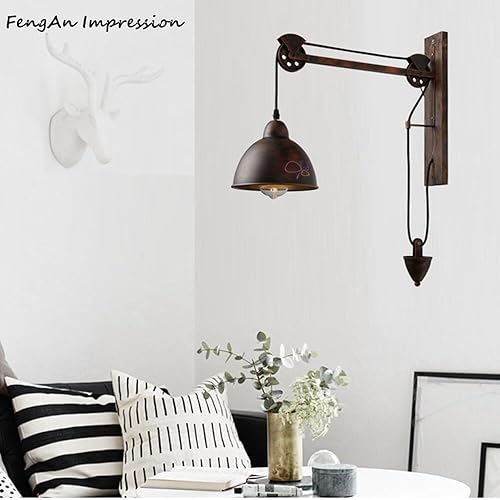 Miniatura 6 de Aplique de pared industrial vintage con polea ajustable con cúpula de metal y lámpara de pared de madera rústica para dormitorio, sala de estar,