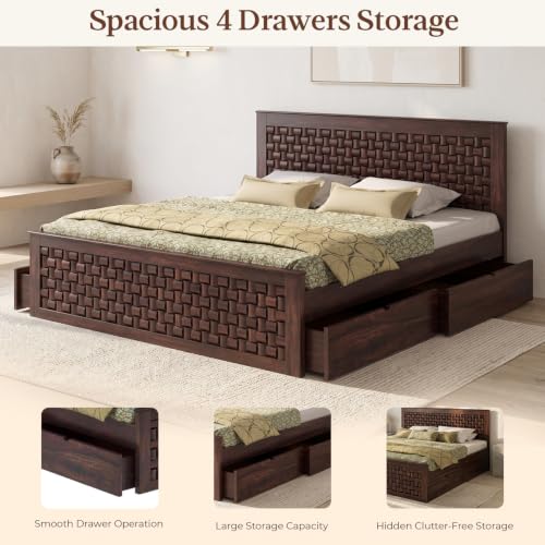 Image of WOODLAB Furniture Sheesham Wood Queen Size Bed with 4 Side Drawer Storage and Headboard | Wooden Double Size Bed Cot Palang for Bedroom Living Room Wooden Double Cot Palang Bed (Walnut Finish)