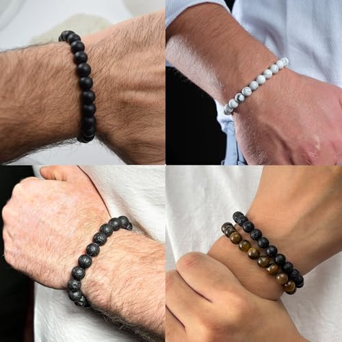 SAMOCO 12Pcs Tiger Eye Bracelets For Men Natural Stone 8mm Beads Bracelets Set Stretch Adjustable Lava Rock Black Crystal Beaded Bracelet for Men Women Gifts4