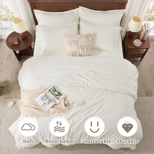 Image of Andency Oversized King Comforter Set Ivory 120x98-7 Pieces Boho Tassel Bed in a Bag Soft Lightweight Bedding Sets, Fringe All Season Bed Set with Comforter, Sheets, Pillowcases & Shams