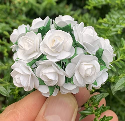 DUONGJAIS BRAND Handmade 50 Pcs Mini Mulberry Paper Roses 18mm Handmade Craft Flowers for Scrapbooking, Card Making, DIY Crafts, Wedding Decorations and Floral Embellishments (White Color)