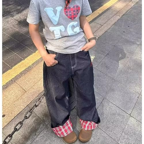 Baggy Jeans Men Casual Two Tone Wide Leg Denim Pants Color Block Plaid Parachute Streetwear for Skater Jeans3