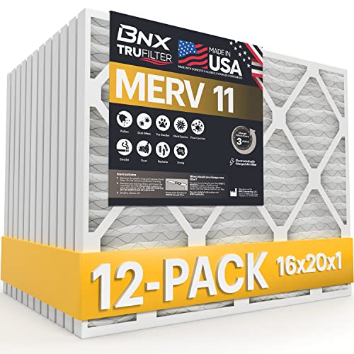 Image of BNX 16x20x1 MERV 11 Air Filter 12 Pack - MADE IN USA - Electrostatic Pleated Air Conditioner HVAC AC Furnace Filters - Removes Dust, Mold, Pollen, Lint, Pet Dander, Smoke, Smog