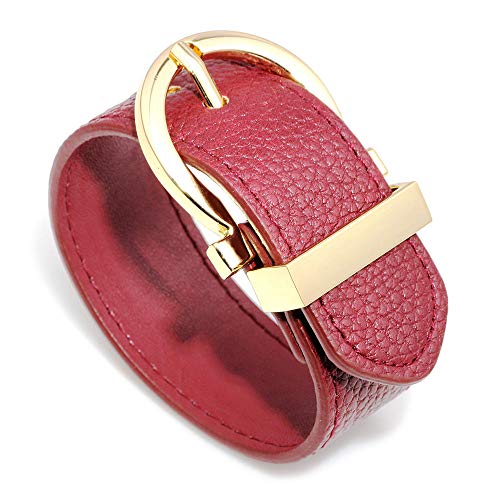 Bracelet en cuir pour femme version large, manchette minimaliste rouge à boucle ajustable